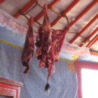 Das Fleisch einer frisch geschlachteten Ziege hängt in der Jurte zum Trocknen.